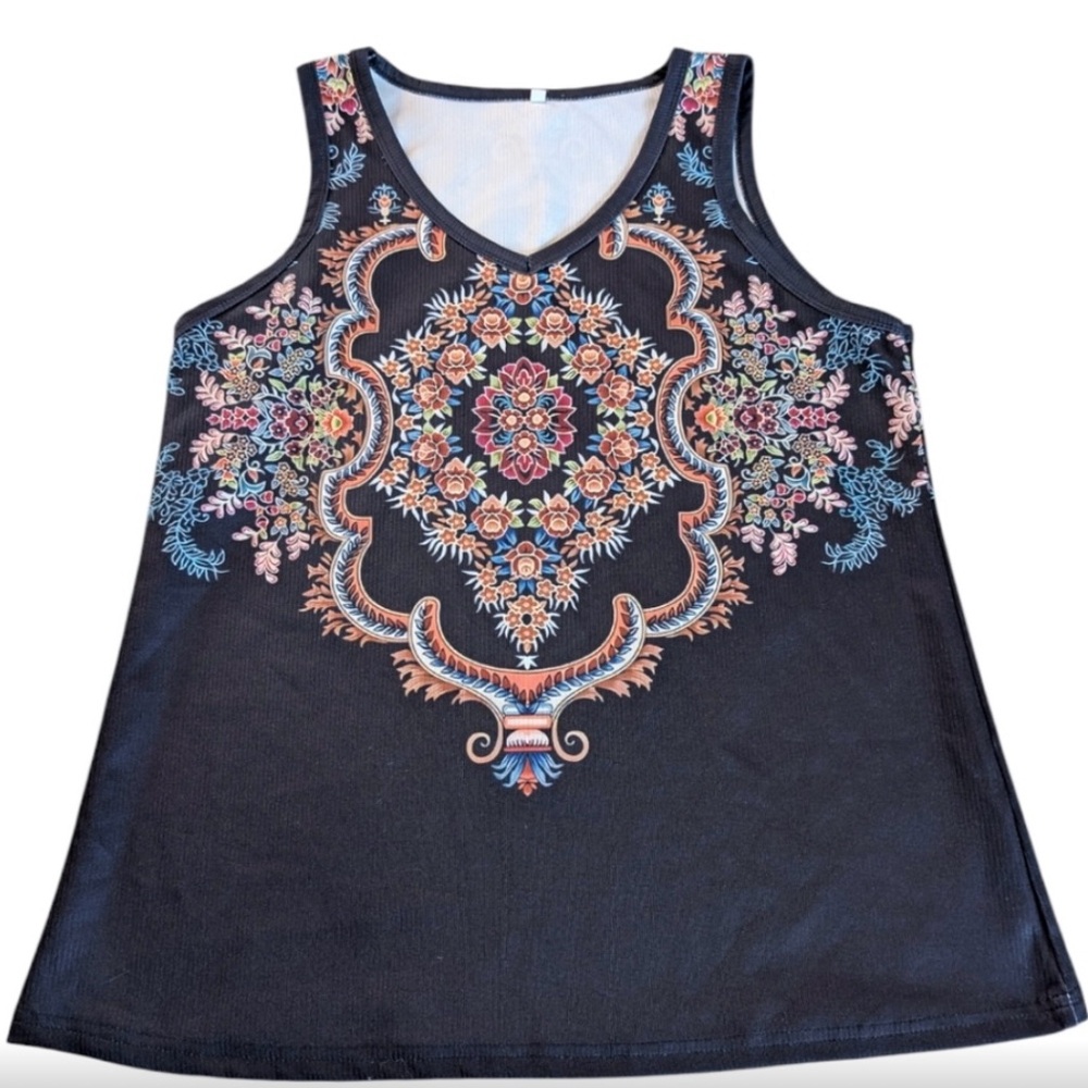🍪 Floral Black Ribbed Tank Top L